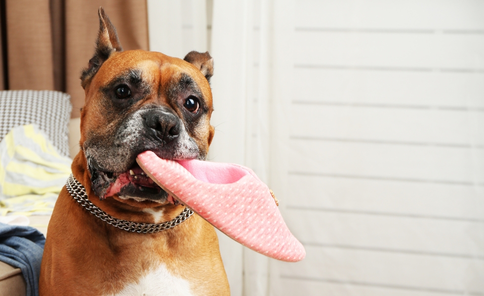 brown dog holds a pink slipper in its mouth